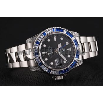 Cheap Swiss Rolex GMT Master II Black Dial Stone Set Bezel Stainless Steel Case And Bracelet 1453747