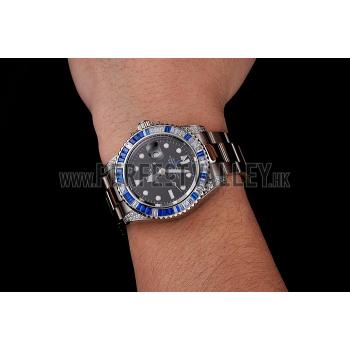 Cheap Swiss Rolex GMT Master II Black Dial Stone Set Bezel Stainless Steel Case And Bracelet 1453747