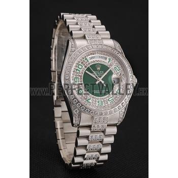 Swiss Rolex Day-Date Diamond Pave Green Dial Diamond And Stainless Steel Bracelet 1453952 Replica