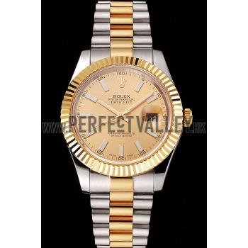 Swiss Rolex Datejust Gold Dial Gold Bezel Stainless Steel Case Two Tone Bracelet