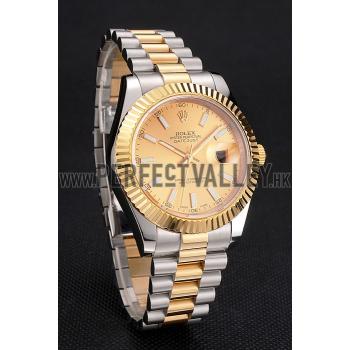 Swiss Rolex Datejust Gold Dial Gold Bezel Stainless Steel Case Two Tone Bracelet