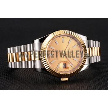 Swiss Rolex Datejust Gold Dial Gold Bezel Stainless Steel Case Two Tone Bracelet