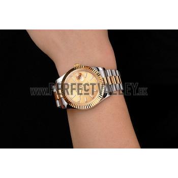 Swiss Rolex Datejust Gold Dial Gold Bezel Stainless Steel Case Two Tone Bracelet