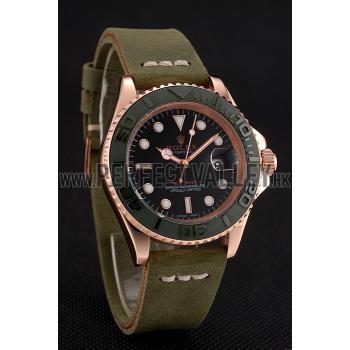 Rolex Yacht Master Black Dial Green Bezel Rose Gold Case Green Leather Bracelet 1453862