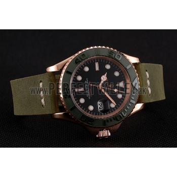 Rolex Yacht Master Black Dial Green Bezel Rose Gold Case Green Leather Bracelet 1453862