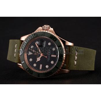 Rolex Yacht Master Black Dial Green Bezel Rose Gold Case Green Leather Bracelet 1453862