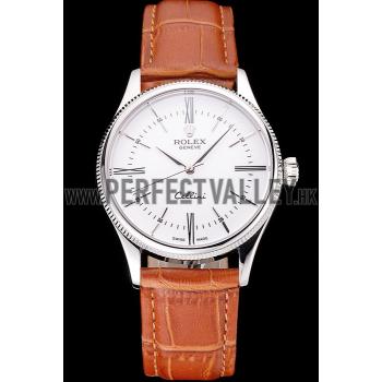 Swiss Rolex Cellini White Dial Roman Numerals Stainless Steel Case Light Brown Leather Strap