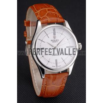 Swiss Rolex Cellini White Dial Roman Numerals Stainless Steel Case Light Brown Leather Strap