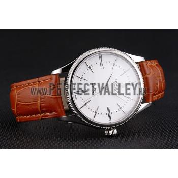 Swiss Rolex Cellini White Dial Roman Numerals Stainless Steel Case Light Brown Leather Strap