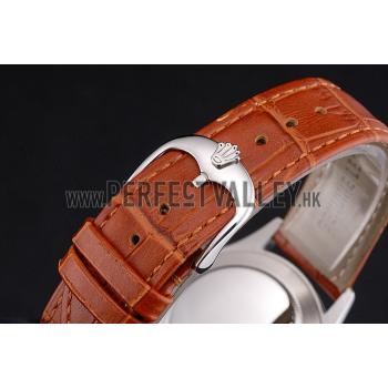 Swiss Rolex Cellini White Dial Roman Numerals Stainless Steel Case Light Brown Leather Strap