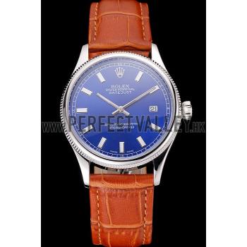 Cheap Swiss Rolex Datejust Blue Dial Stainless Steel Case Light Brown Leather Strap