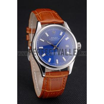 Cheap Swiss Rolex Datejust Blue Dial Stainless Steel Case Light Brown Leather Strap