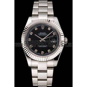 Swiss Rolex Datejust Black Dial Dimond Hour Marks Stainless Steel Case And Bracelet