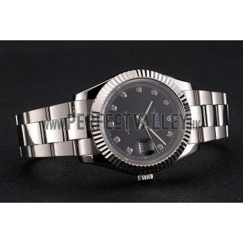 Swiss Rolex Datejust Black Dial Dimond Hour Marks Stainless Steel Case And Bracelet