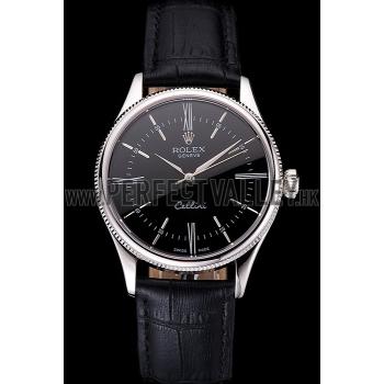 Swiss Rolex Cellini Black Dial Roman Numerals Stainless Steel Case Black Leather Strap