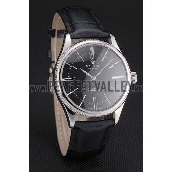 Swiss Rolex Cellini Black Dial Roman Numerals Stainless Steel Case Black Leather Strap