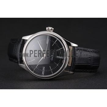 Swiss Rolex Cellini Black Dial Roman Numerals Stainless Steel Case Black Leather Strap