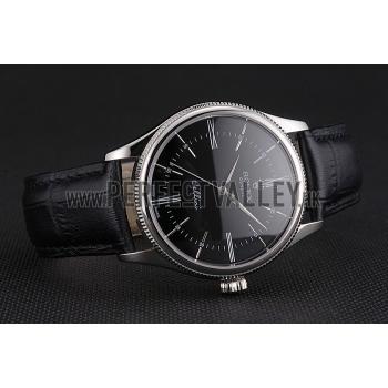 Swiss Rolex Cellini Black Dial Roman Numerals Stainless Steel Case Black Leather Strap