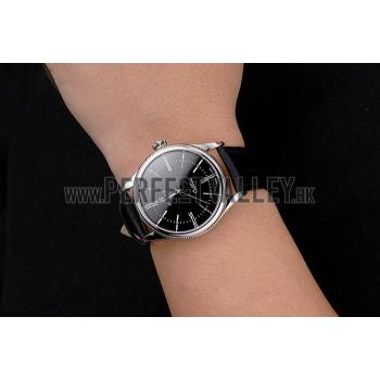 Swiss Rolex Cellini Black Dial Roman Numerals Stainless Steel Case Black Leather Strap