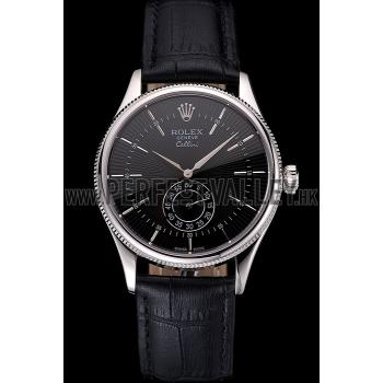 Swiss Rolex Cellini Black Dial Stainless Steel Case Black Leather Strap Replica