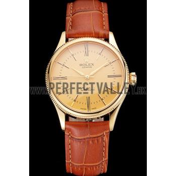 Swiss Rolex Cellini Gold Dial Roman Numerals Gold Case Light Brown Leather Strap