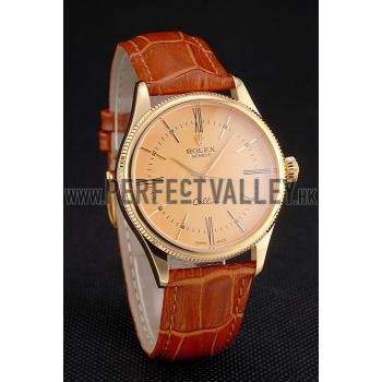 Swiss Rolex Cellini Gold Dial Roman Numerals Gold Case Light Brown Leather Strap