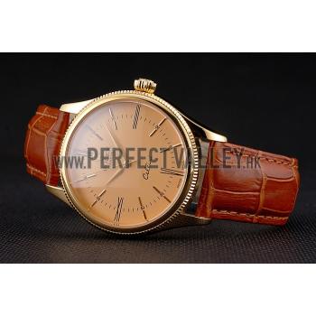 Swiss Rolex Cellini Gold Dial Roman Numerals Gold Case Light Brown Leather Strap