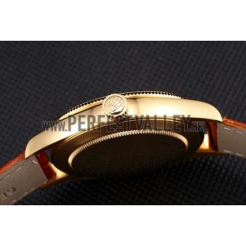 Swiss Rolex Cellini Gold Dial Roman Numerals Gold Case Light Brown Leather Strap