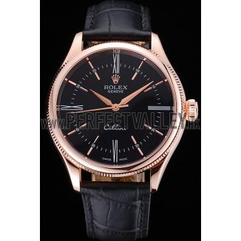 Rolex Cellini Black Dial Pink Gold Case Black Leather Strap  622842