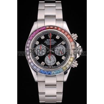 Cheap Rolex Daytona Cosmograph Rainbow Crystals Bezel Stainless Steep Strap Black Dial 80250