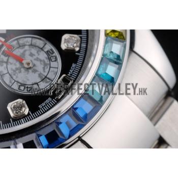 Cheap Rolex Daytona Cosmograph Rainbow Crystals Bezel Stainless Steep Strap Black Dial 80250