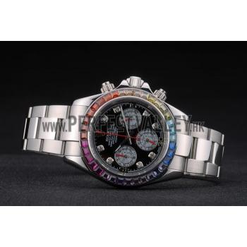 Cheap Rolex Daytona Cosmograph Rainbow Crystals Bezel Stainless Steep Strap Black Dial 80250