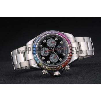 Cheap Rolex Daytona Cosmograph Rainbow Crystals Bezel Stainless Steep Strap Black Dial 80250