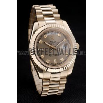 Replica Rolex Swiss DayDate Gold Stainless Steel Ribbed Bezel Gold Dial 41997