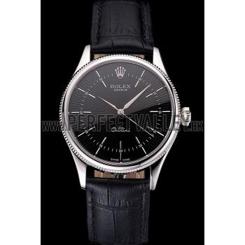 Swiss Rolex Cellini Black Dial Steel Case Black Leather Strap