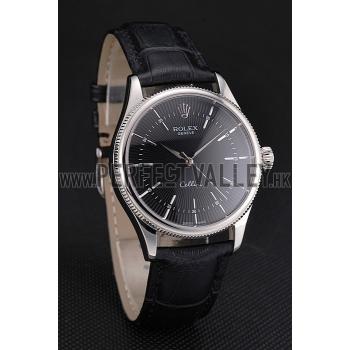 Swiss Rolex Cellini Black Dial Steel Case Black Leather Strap