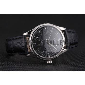 Swiss Rolex Cellini Black Dial Steel Case Black Leather Strap