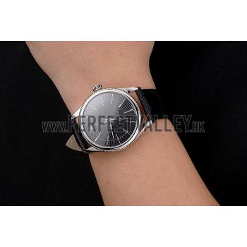 Swiss Rolex Cellini Black Dial Steel Case Black Leather Strap