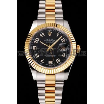 Swiss Rolex Datejust Black Dial Gold Bezel Stainless Steel Case Two Tone Bracelet