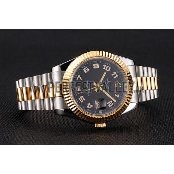 Swiss Rolex Datejust Black Dial Gold Bezel Stainless Steel Case Two Tone Bracelet