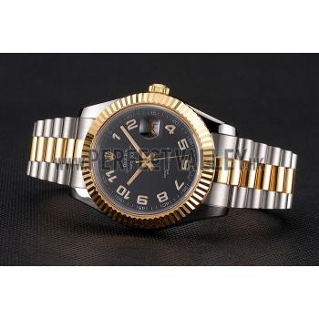 Swiss Rolex Datejust Black Dial Gold Bezel Stainless Steel Case Two Tone Bracelet