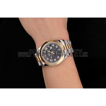 Swiss Rolex Datejust Black Dial Gold Bezel Stainless Steel Case Two Tone Bracelet