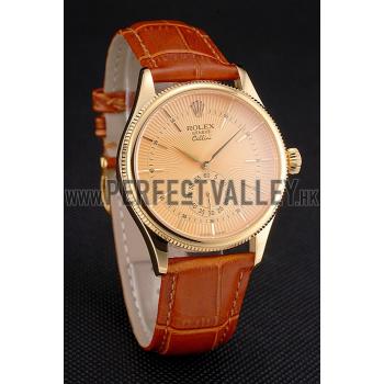 Swiss Rolex Cellini Gold Dial Gold Case Light Brown Leather Strap