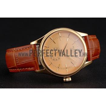 Swiss Rolex Cellini Gold Dial Gold Case Light Brown Leather Strap