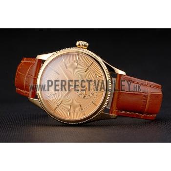 Swiss Rolex Cellini Gold Dial Gold Case Light Brown Leather Strap