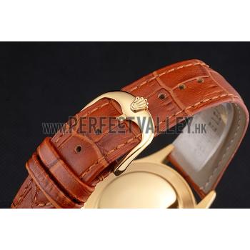 Swiss Rolex Cellini Gold Dial Gold Case Light Brown Leather Strap