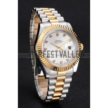 Swiss Rolex Datejust White Dial Gold Bezel Stainless Steel Case Two Tone Bracelet