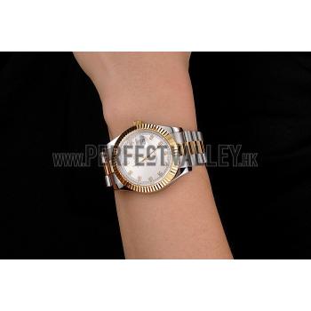 Swiss Rolex Datejust White Dial Gold Bezel Stainless Steel Case Two Tone Bracelet