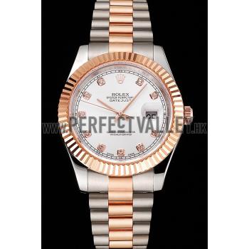 Swiss Rolex Datejust White Dial Rose Gold Bezel Stainless Steel Case Two Tone Bracelet Replica