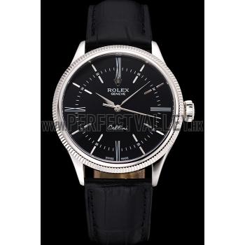 Swiss Rolex Cellini Time Silver Case Black Dial Black Leather Bracelet   622654